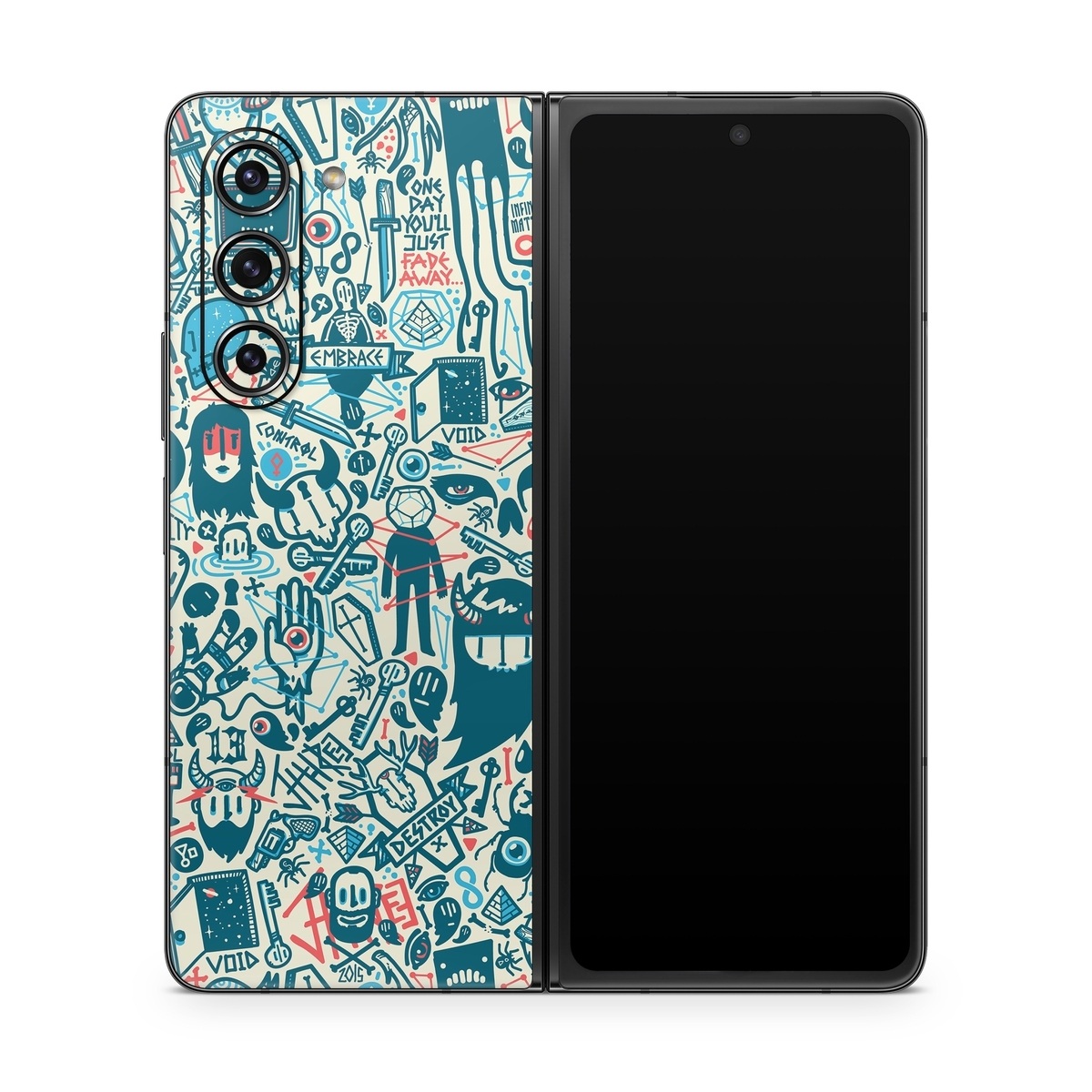 Samsung Galaxy Z Fold5 Skin design of Pattern, Psychedelic art, Turquoise, Art, Design, Visual arts, Line, Drawing, Doodle, Graphic design, with white, green, blue, red colors