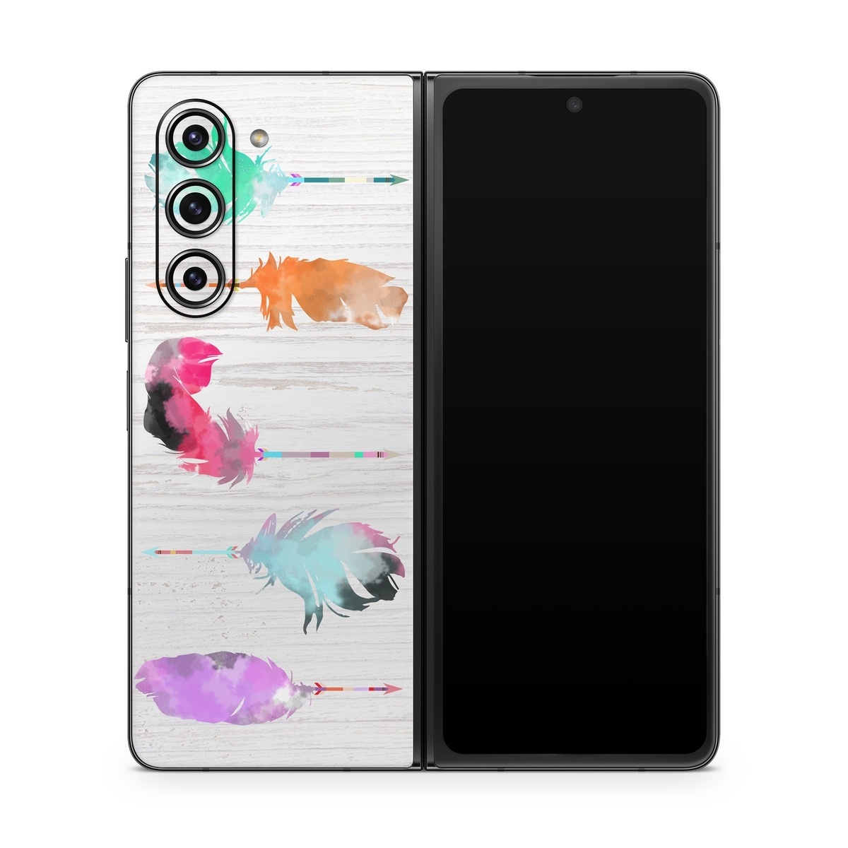 Samsung Galaxy Z Fold5 Skin design of Pink, Watercolor paint, Illustration, Feather, Design, Art, Painting, Graphic design, Visual arts, Drawing, with white, orange, red, blue, pink, purple, green colors