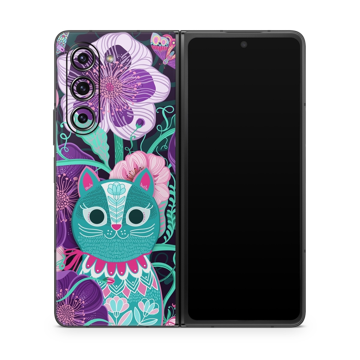 Samsung Galaxy Z Fold5 Skin design of Botany, Purple, Textile, Organism, Pink, Art, Painting, Font, Creative arts, Magenta, with black, blue, pink, purple, green, red colors