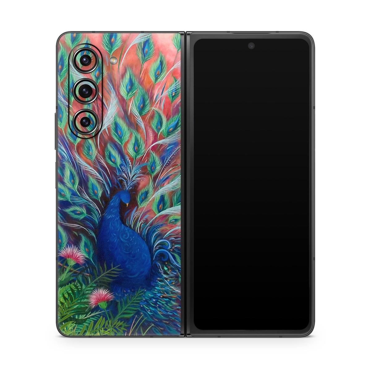 Samsung Galaxy Z Fold5 Skin design of Painting, Acrylic paint, Bird, Child art, Art, Galliformes, Peafowl, Visual arts, Watercolor paint, Plant, with black, red, gray, blue, green colors