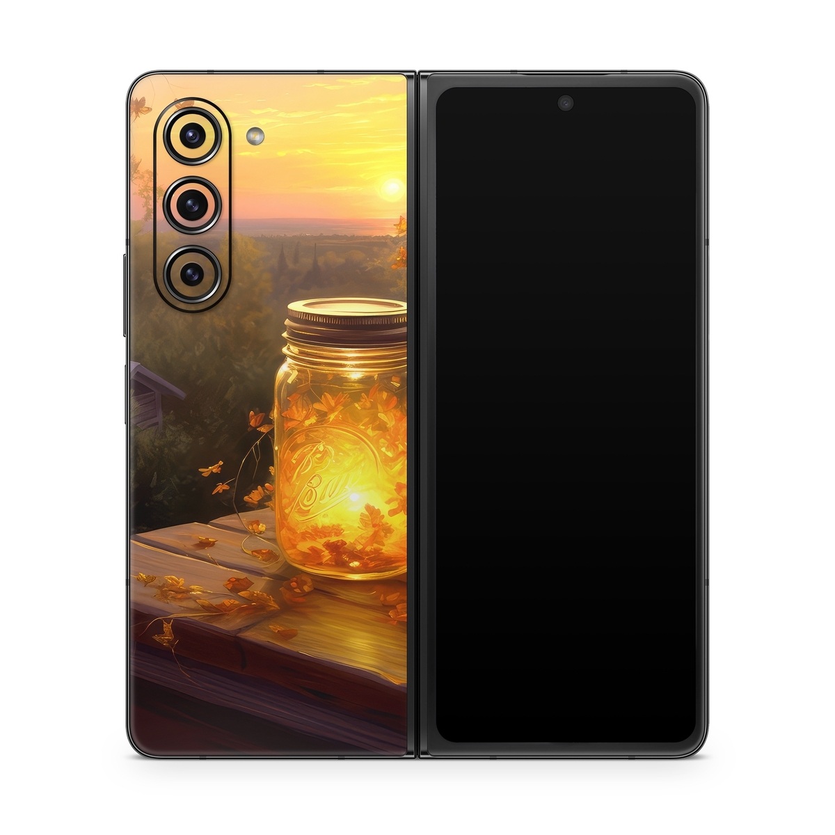 Samsung Galaxy Z Fold5 Skin design of Sky, Plant, Amber, Candle, Wood, Orange, Sunlight, Cloud, Sunset, Heat, with yellow, orange, black, green, gray, red colors