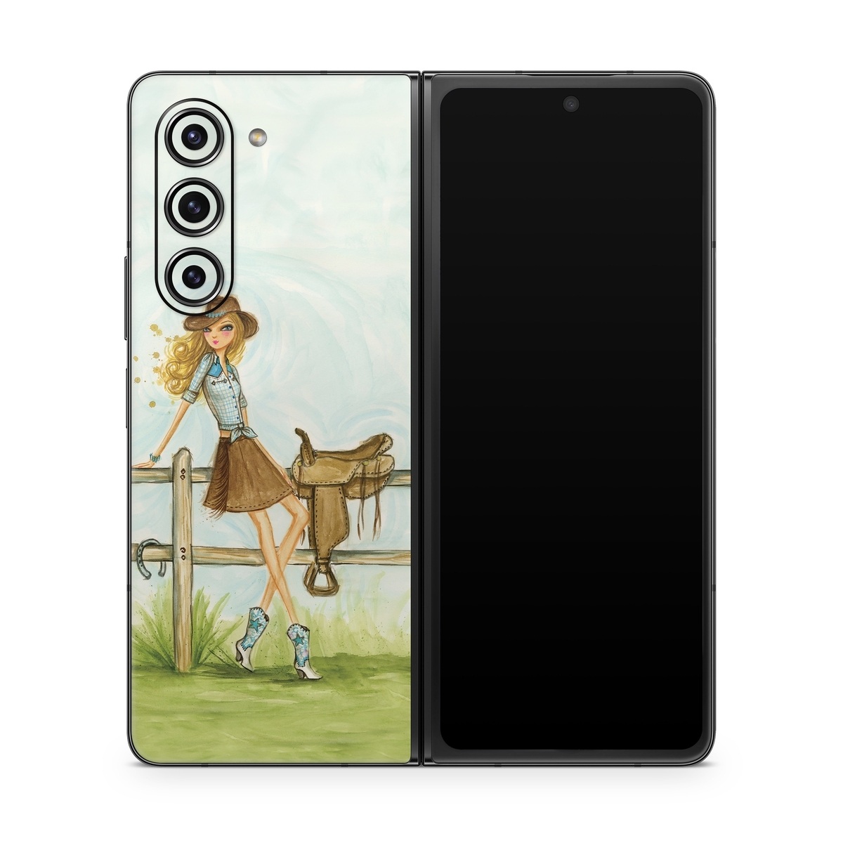 Samsung Galaxy Z Fold5 Skin design of Cartoon, Illustration, Art, Watercolor paint, Footwear, Fashion illustration, Grass, Drawing, Painting, Plant, with gray, green, red, black colors