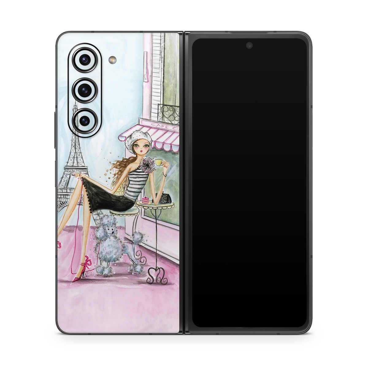 Samsung Galaxy Z Fold5 Skin design of Pink, Illustration, Sitting, Konghou, Watercolor paint, Fashion illustration, Art, Drawing, Style, with gray, purple, blue, black, pink colors
