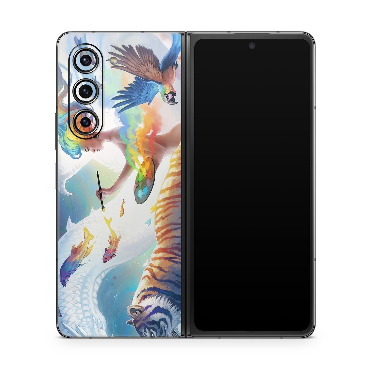 Samsung Galaxy Z Fold5 Skin design of Siberian tiger, Bengal tiger, Vertebrate, Tiger, Felidae, Mammal, Water, Carnivore, Art, Painting, with blue, red, yellow, orange, green, purple, black, white colors