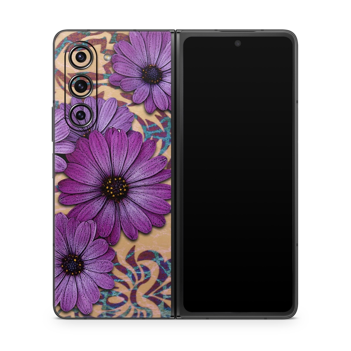 Samsung Galaxy Z Fold5 Skin design of Purple, Flower, Violet, Petal, Plant, african daisy, Floral design, Wildflower, Pattern, Textile, with purple, black, gray, blue, green, red colors