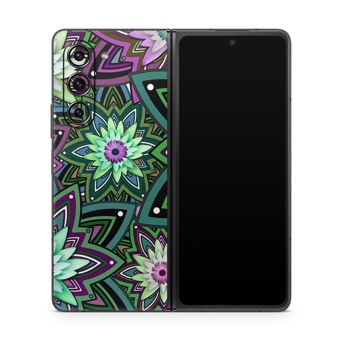 Samsung Galaxy Z Fold5 Skin design of Pattern, Purple, Green, Flower, Psychedelic art, Design, Lilac, Plant, Symmetry, Visual arts, with black, gray, green, purple, blue, red colors