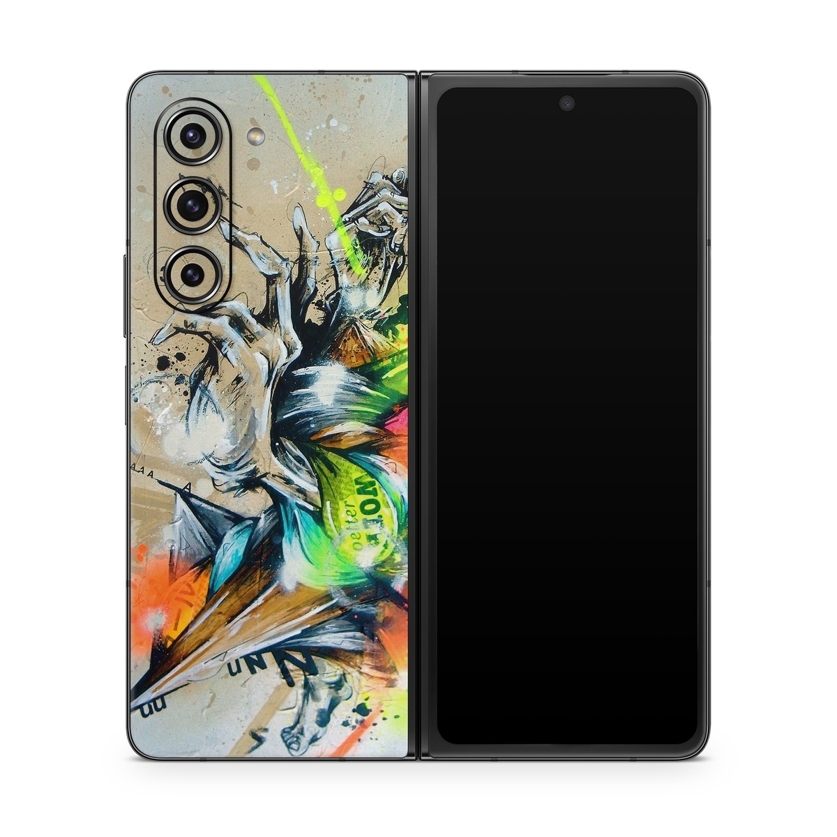 Samsung Galaxy Z Fold5 Skin design of Graphic design, Art, Illustration, Fictional character, Visual arts, Graphics, Painting, Watercolor paint, Modern art, Games, with gray, black, green, red, orange, pink colors