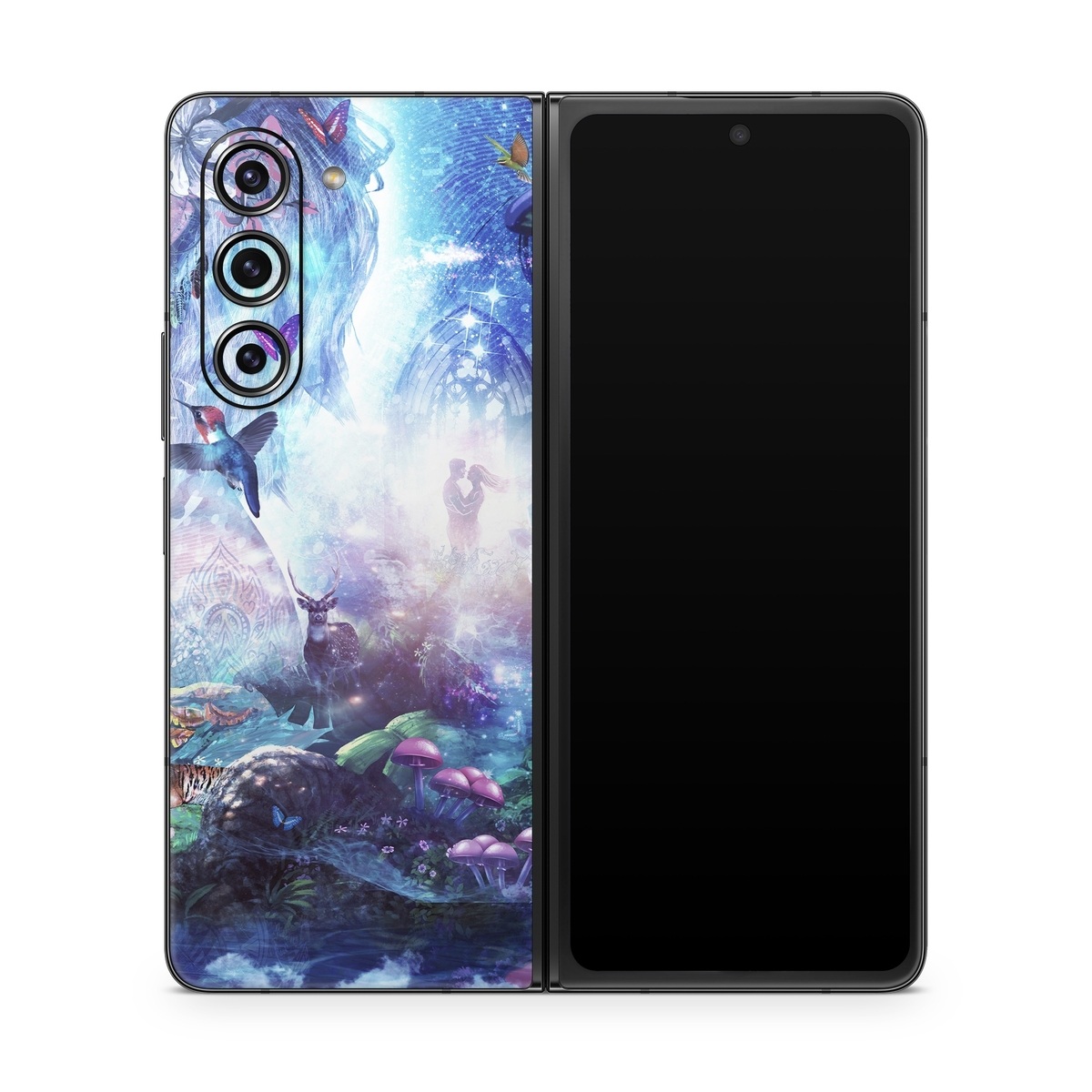 Samsung Galaxy Z Fold5 Skin design of Man, Woman, Fictional Character, Mythology, Bird, Wing, Mythical Creature, Deer, Tiger, Mushrooms, Butterfly, with white, blue, green, red, yellow, black, purple, gray colors