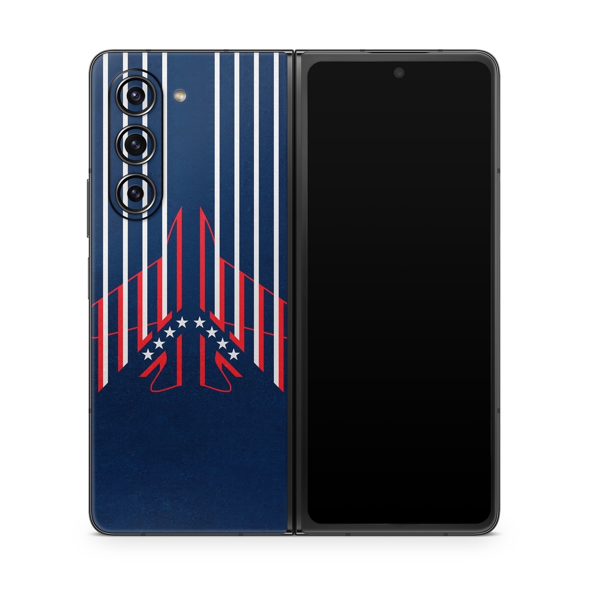 Samsung Galaxy Z Fold5 Skin design of Sleeve, Font, Motor vehicle, T-shirt, Emblem, Poster, Electric blue, Symmetry, Symbol, Pattern, with blue, red, white colors