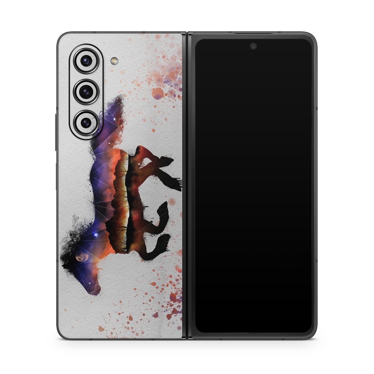 Samsung Galaxy Z Fold5 Skin design of Watercolor paint, Illustration, Art, Horse, Paint, Drawing, Graphic design, Painting, Visual arts, Mustang horse, with gray, white, purple, red, yellow, black, orange colors