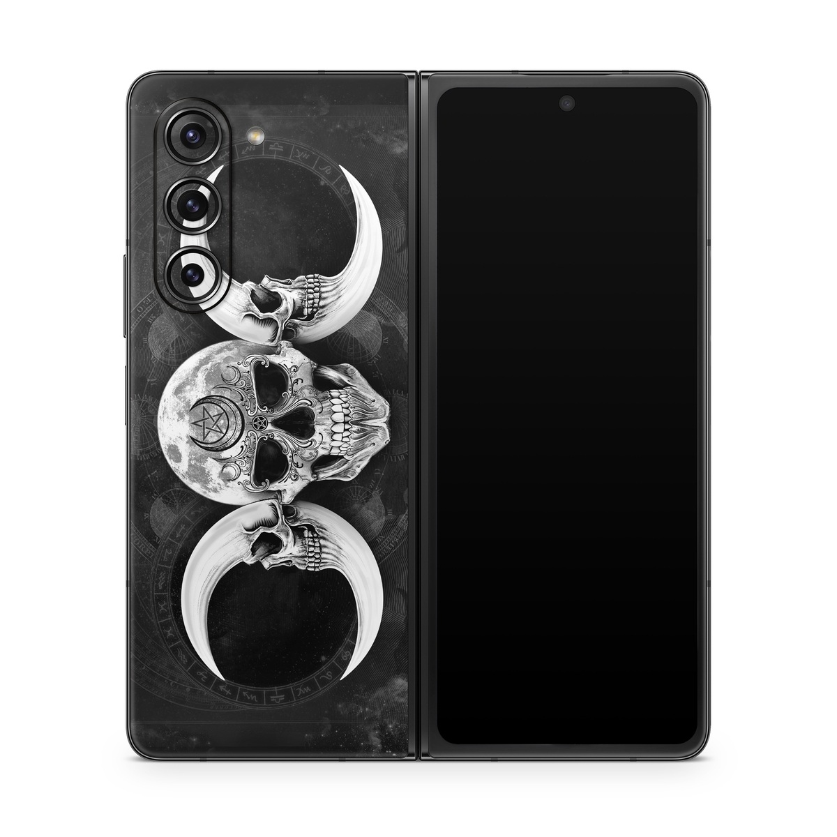 Samsung Galaxy Z Fold5 Skin design of Bone, Skull, Darkness, Monochrome, Black-and-white, Circle, Symmetry, Visual Arts, Illustration, Skeleton, Drawing, with black, white, gray colors