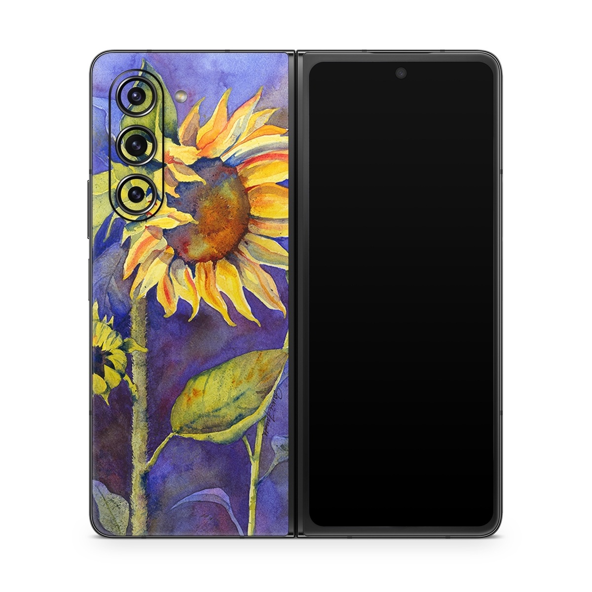 Samsung Galaxy Z Fold5 Skin design of Flower, Sunflower, Painting, sunflower, Watercolor paint, Plant, Flowering plant, Yellow, Acrylic paint, Still life, with green, black, blue, gray, red, orange colors