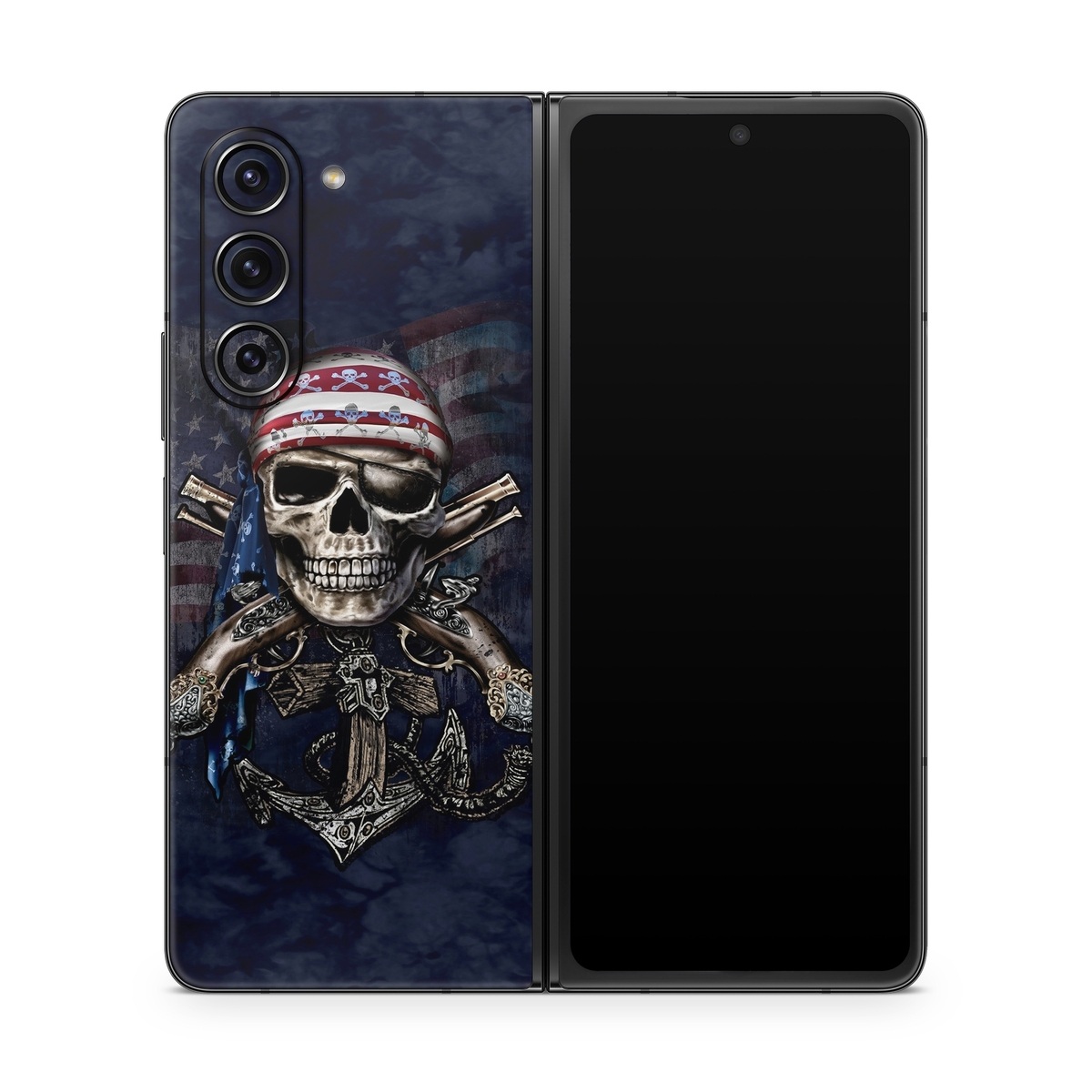 Samsung Galaxy Z Fold5 Skin design of Skull, Bone, Skeleton, Illustration, Outerwear, T-shirt, Flag, Art, with black, gray, red colors