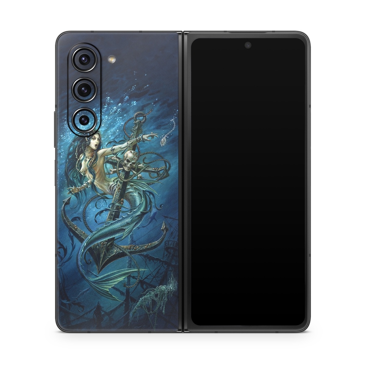 Samsung Galaxy Z Fold5 Skin design of Mermaid, Cg artwork, Illustration, Fictional character, Art, Mythology, Mythical creature, Graphic design, with blue, green, white, black colors