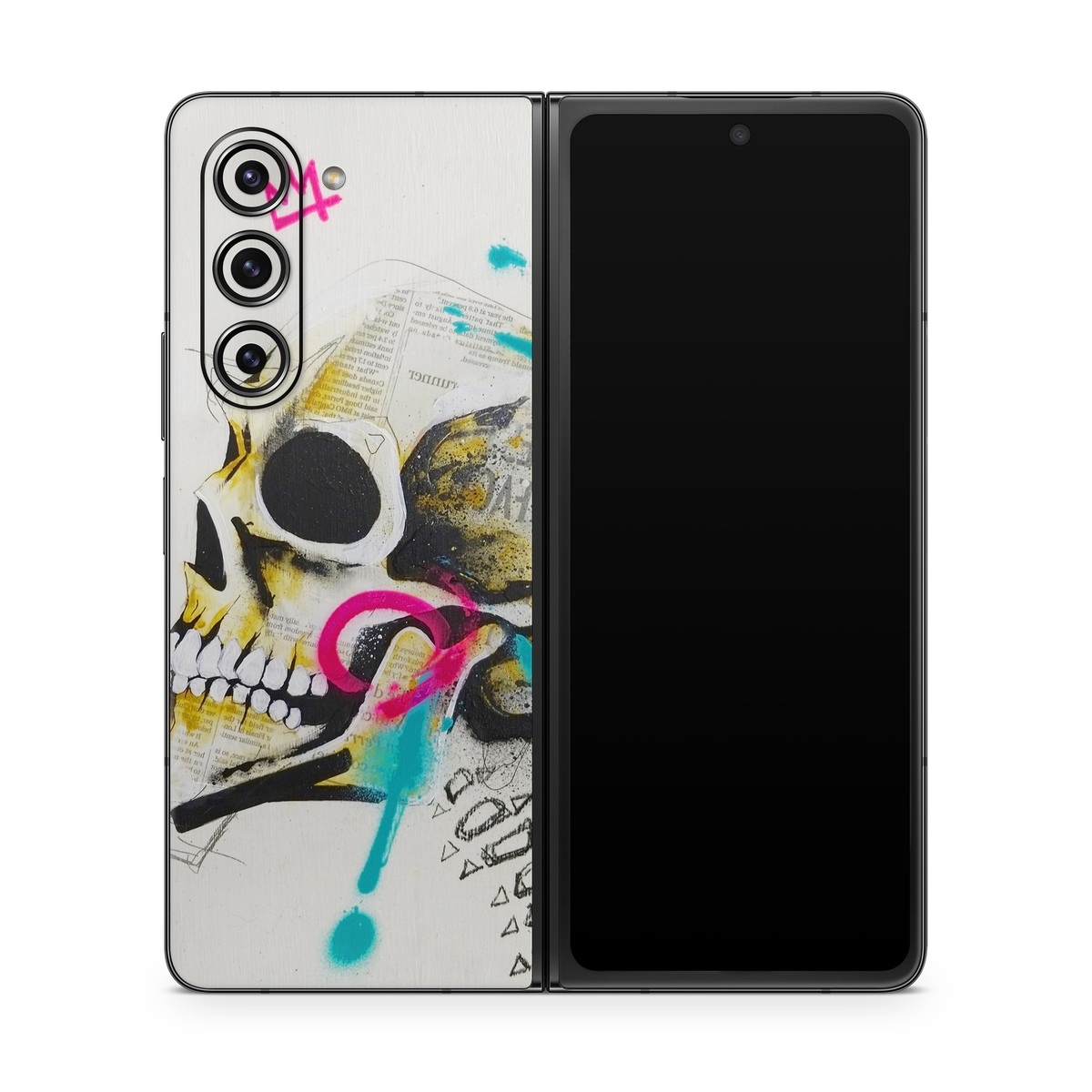 Samsung Galaxy Z Fold5 Skin design of Graphic design, Skull, Illustration, Art, Bone, Drawing, Visual arts, Font, Modern art, Street art, with blue, pink, yellow, black colors