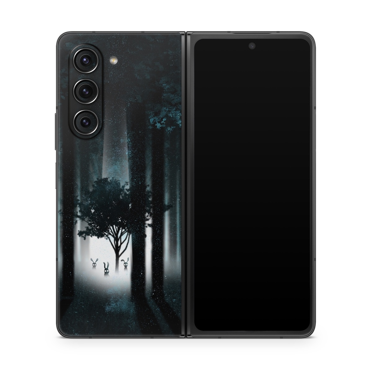 Samsung Galaxy Z Fold5 Skin design of Darkness, Black, Nature, Tree, Natural environment, Forest, Atmosphere, Atmospheric phenomenon, Light, Natural landscape, with black, blue, white colors