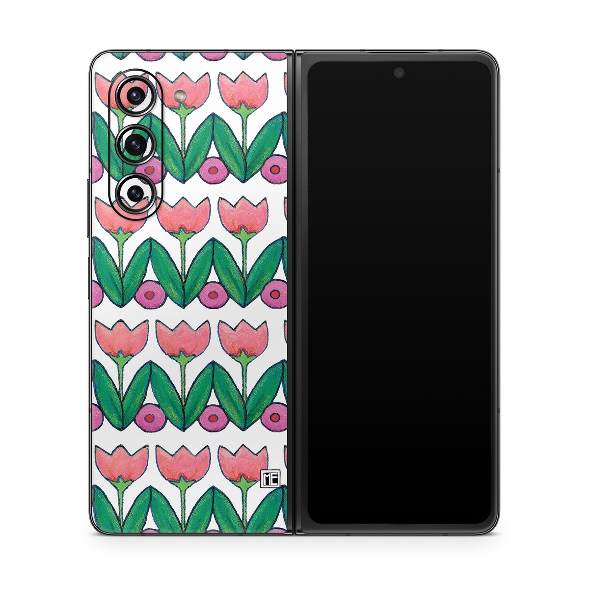 Samsung Galaxy Z Fold5 Skin design of Green, Rectangle, Textile, Botany, Line, Symmetry, Art, Font, Pattern, Magenta, with white, green, pink, purple colors
