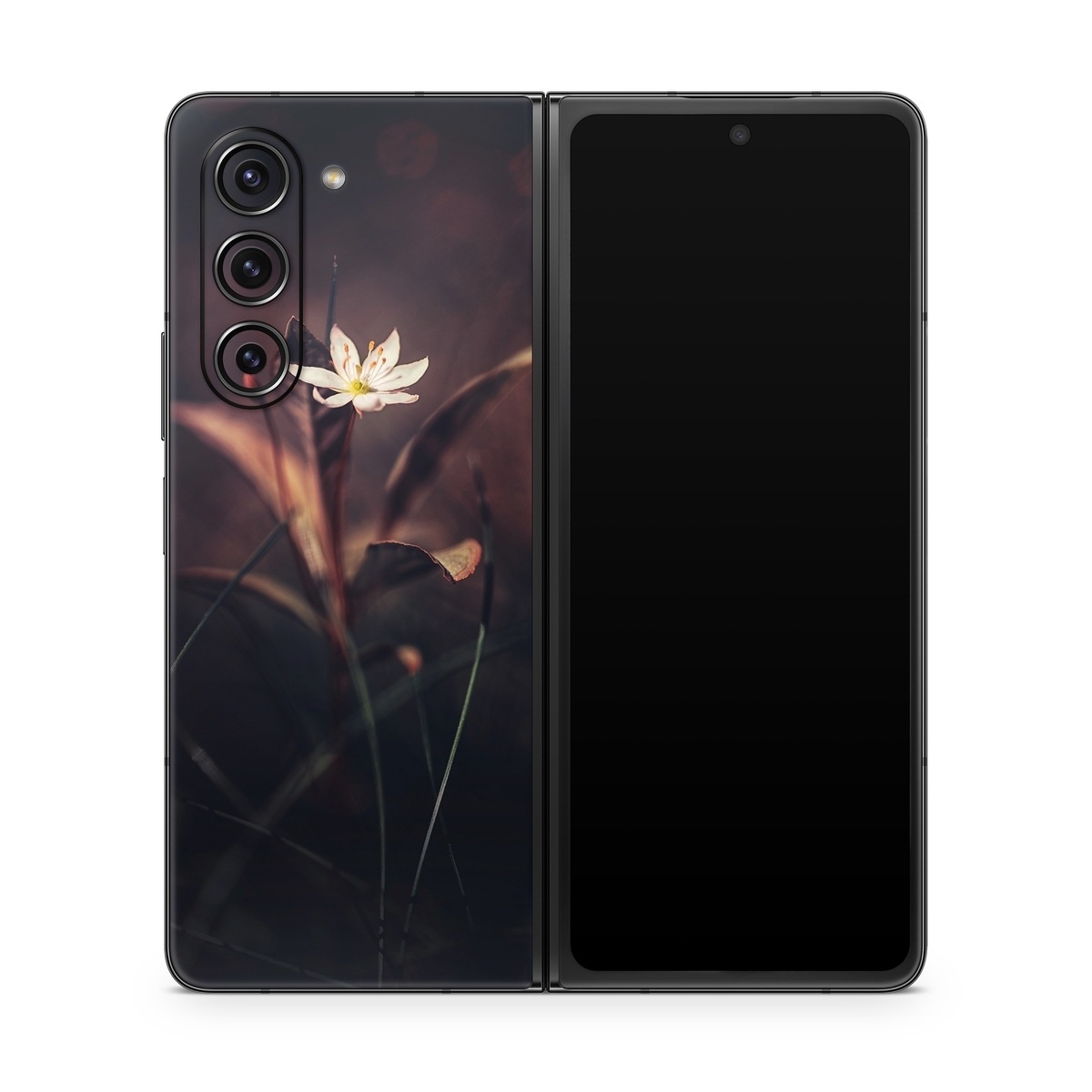 Samsung Galaxy Z Fold5 Skin design of Flower, Yellow, Light, Plant, Sky, Still life photography, Wildflower, Petal, Darkness, Spring, with black, red colors