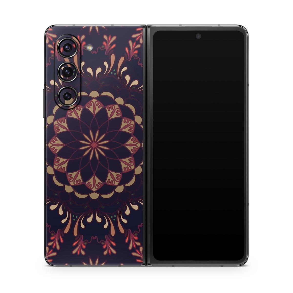 Samsung Galaxy Z Fold5 Skin design of Pattern, Brown, Red, Symmetry, Textile, Design, Visual arts, Tapestry, Kaleidoscope, with black, red, orange, yellow, brown colors