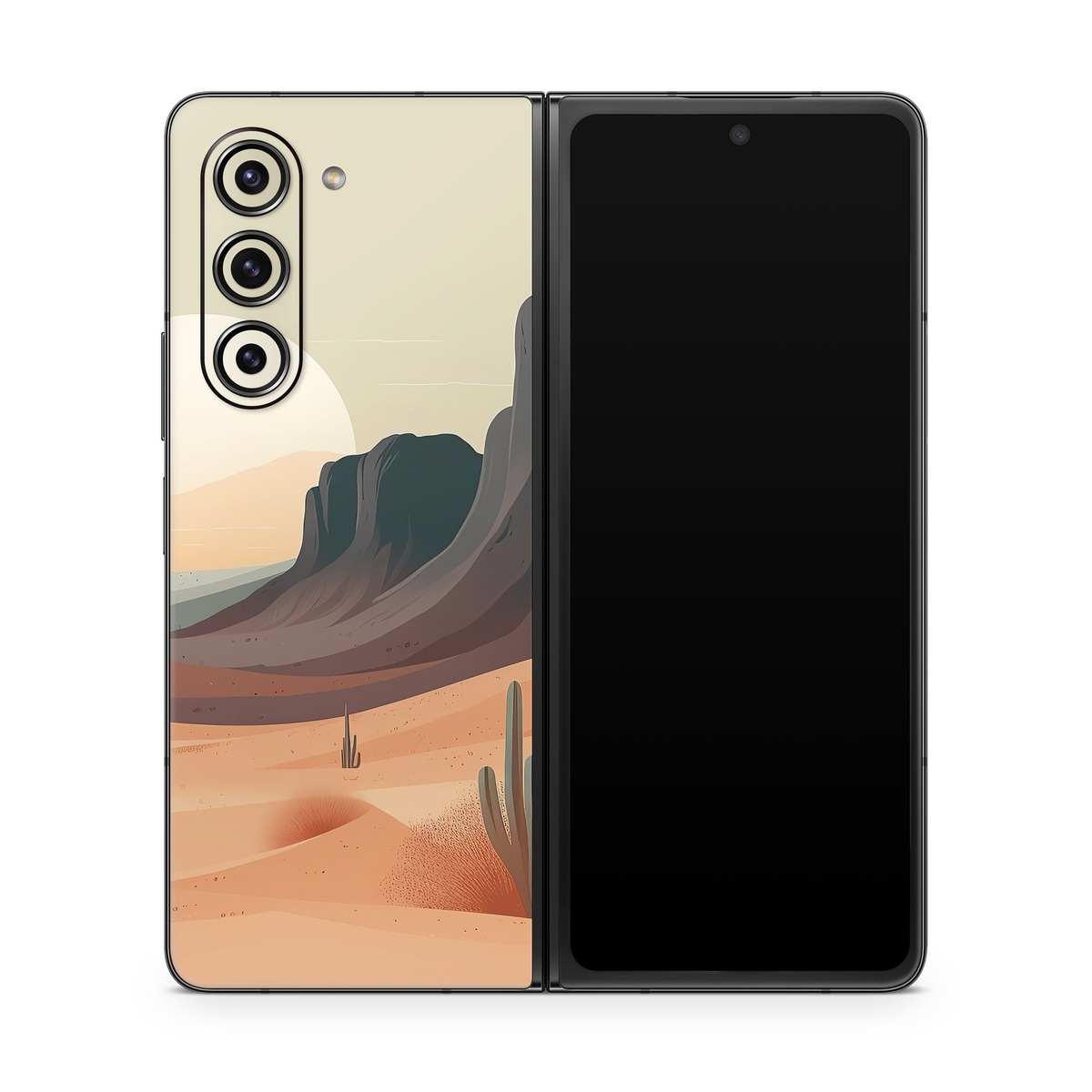 Samsung Galaxy Z Fold5 Skin design of Sky, Light, Nature, Natural landscape, Art, Landscape, Moon, Mountainous landforms, Formation, Erg, with orange, yellow, brown, green, white, black colors