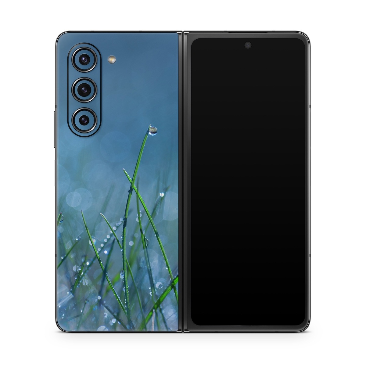Samsung Galaxy Z Fold5 Skin design of Moisture, Dew, Water, Green, Grass, Plant, Drop, Grass family, Macro photography, Close-up, with blue, black, green, gray colors