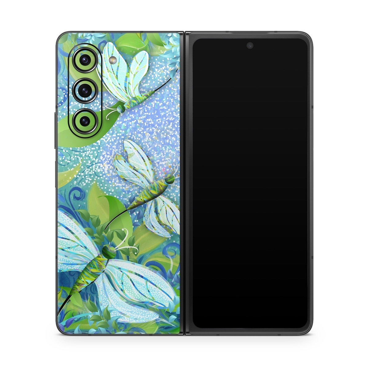 Samsung Galaxy Z Fold5 Skin design of Green, Blue, Leaf, Plant, Pattern, Tree, Design, Organism, Branch, Flower, with gray, blue, green, purple colors