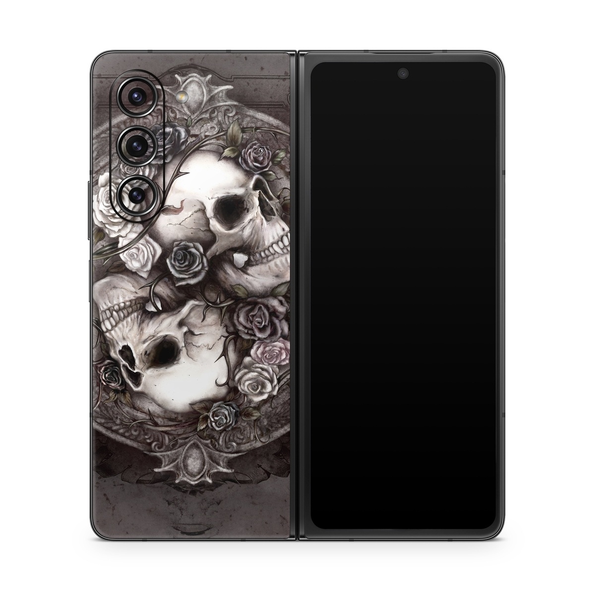 Samsung Galaxy Z Fold5 Skin design of Skull, Bone, Illustration, Font, Still life photography, Photography, Still life, Art, Monochrome, Circle, with black, white, brown, pink colors