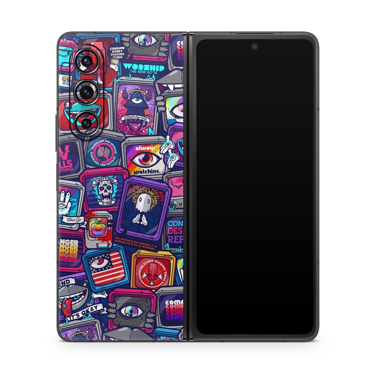 Samsung Galaxy Z Fold5 Skin design of Pattern, Font, Art, Visual arts, Collection, with red, blue, black, gray, purple, yellow, white, green colors