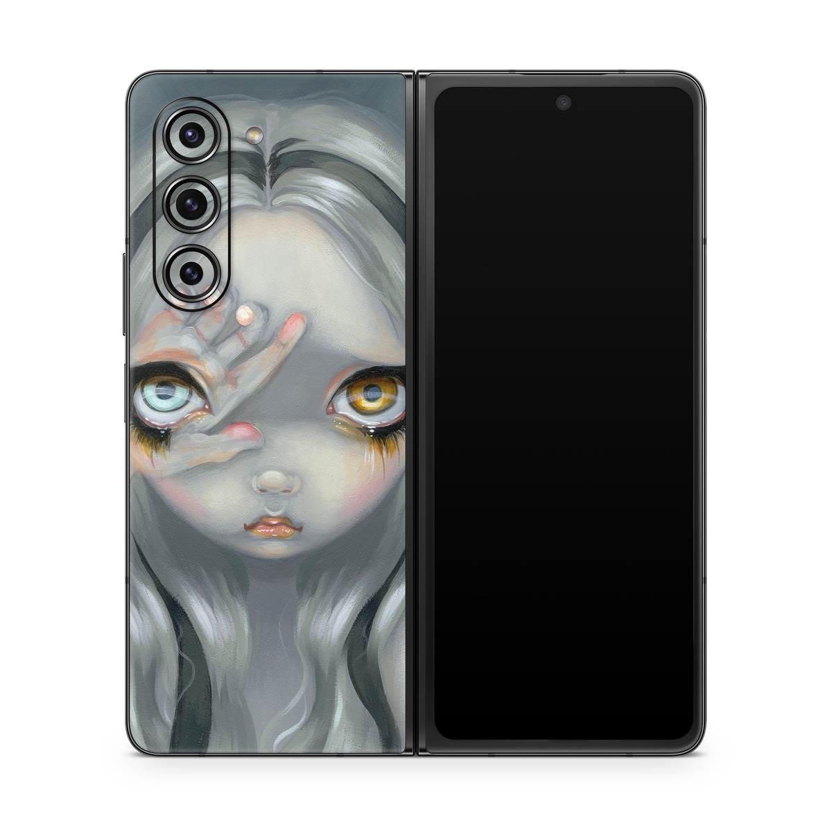 Samsung Galaxy Z Fold5 Skin design of Face, Head, Cg artwork, Eye, Illustration, Organ, Fictional character, Art, Iris, Darkness, with black, gray, blue, green colors