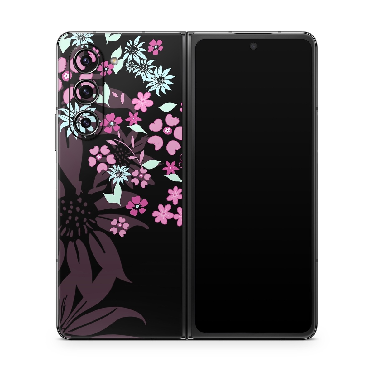 Samsung Galaxy Z Fold5 Skin design of Pink, Pattern, Flower, Plant, Botany, Petal, Floral design, Design, Pedicel, Graphic design, with black, gray, purple, green, red, pink colors