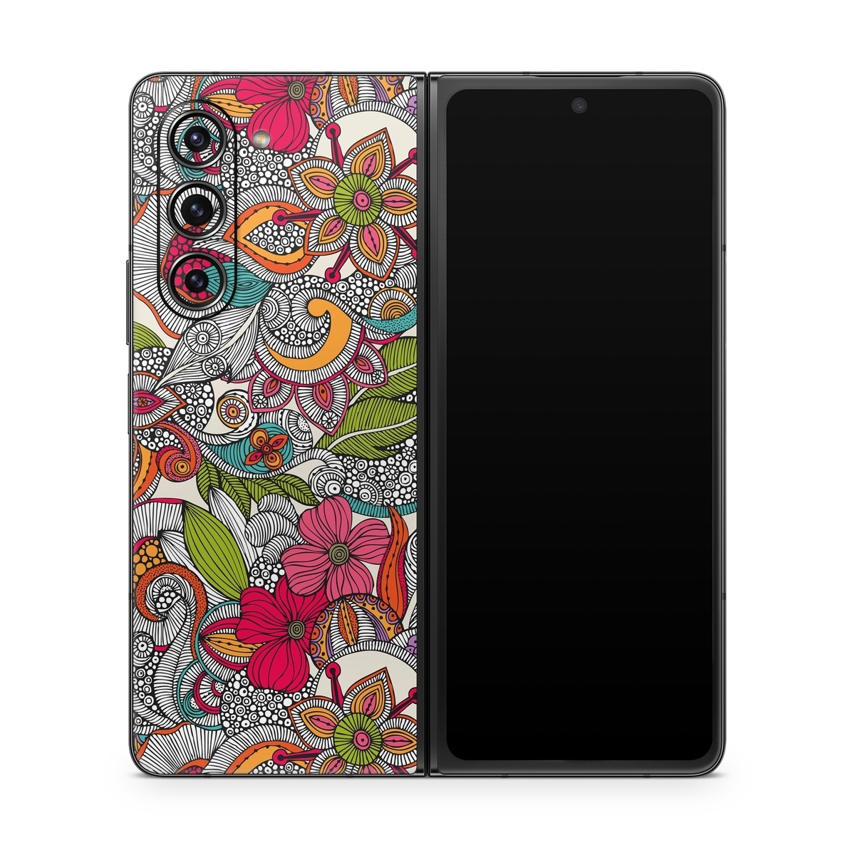 Samsung Galaxy Z Fold5 Skin design of Pattern, Drawing, Visual arts, Art, Design, Doodle, Floral design, Motif, Illustration, Textile, with gray, red, black, green, purple, blue colors