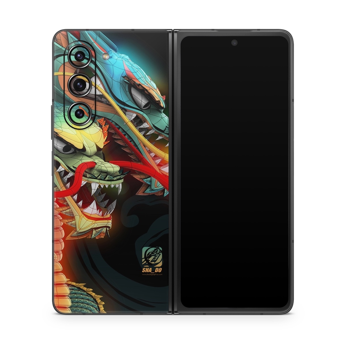 Samsung Galaxy Z Fold5 Skin design of Dragon, Fictional character, Illustration, Art, Cg artwork, Fiction, Mythical creature, Graphics, with black, green, red, yellow, orange colors