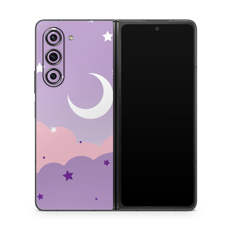 Samsung Galaxy Z Fold5 Skin design of Astronomical object, Pink, Star, Purple, Crescent, Moon, Graphics, Animation, Wallpaper, Graphic design, with purple, white colors