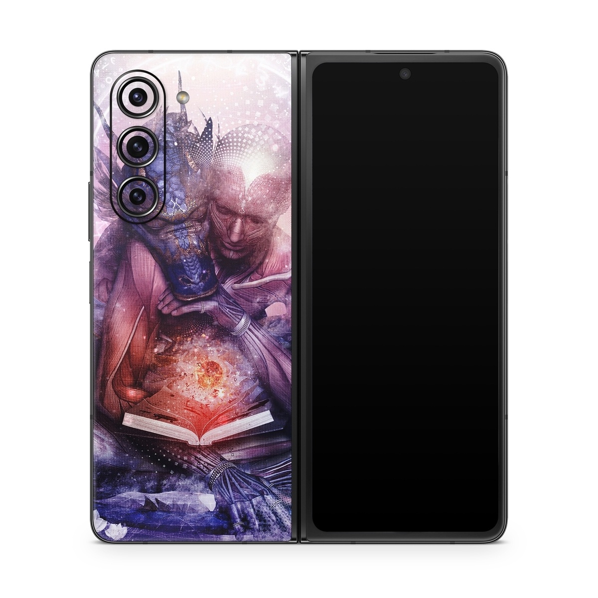 Samsung Galaxy Z Fold5 Skin design of Cg artwork, Illustration, Graphic design, Fictional character, Mythology, Graphics, Space, Art, Darkness, with blue, black, red, yellow, white colors