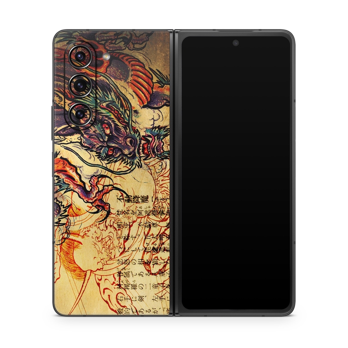 Samsung Galaxy Z Fold5 Skin design of Illustration, Fictional character, Art, Demon, Drawing, Visual arts, Dragon, Supernatural creature, Mythical creature, Mythology, with black, green, red, gray, pink, orange colors