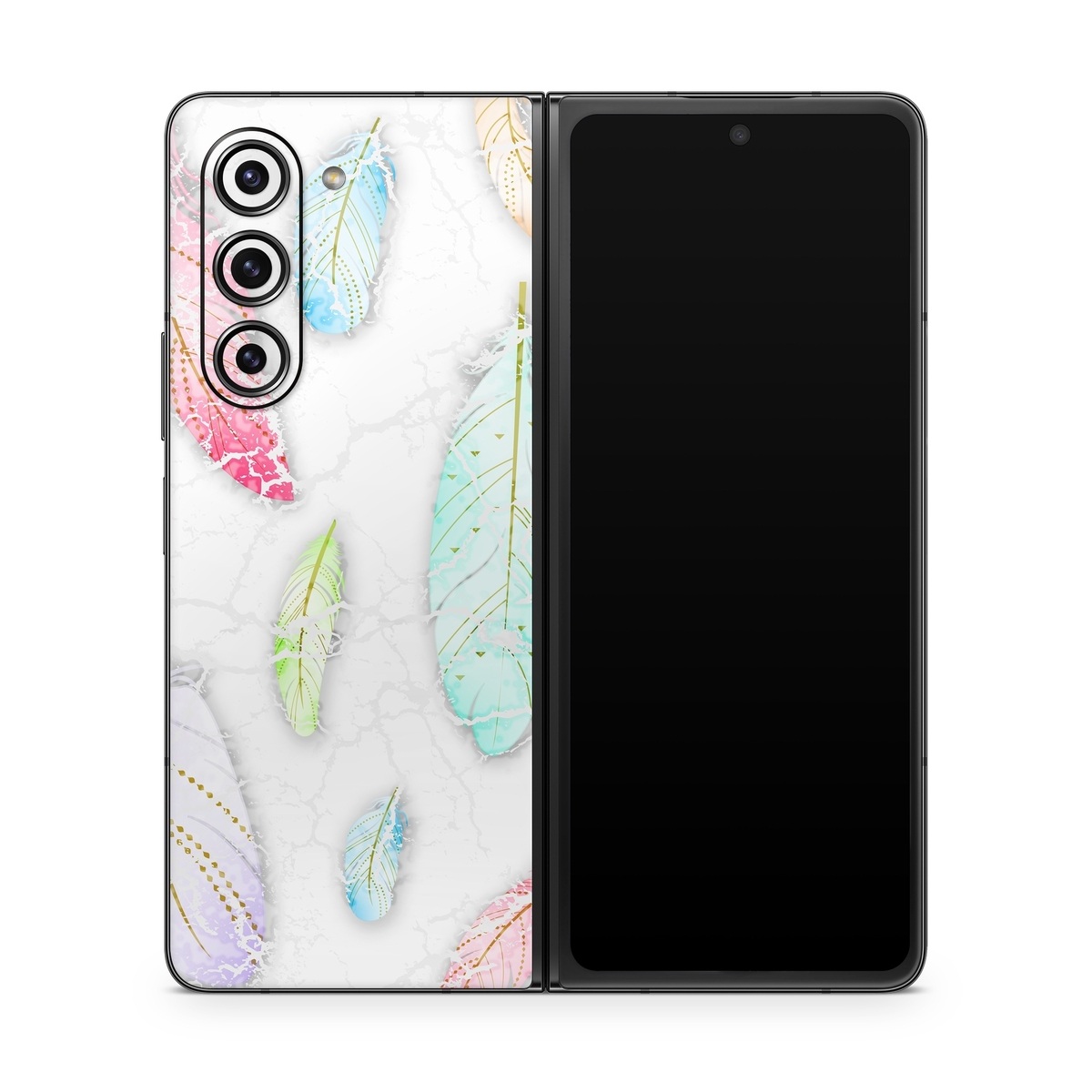 Samsung Galaxy Z Fold5 Skin design of Feather, Fashion accessory, Jewellery, with red, blue, green, purple, white, brown colors