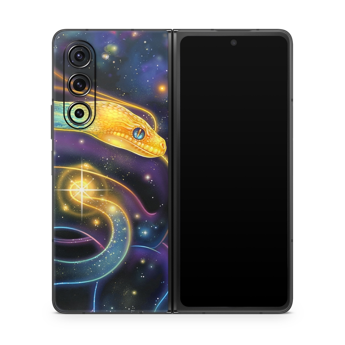 Samsung Galaxy Z Fold5 Skin design of Atmosphere, Light, Organism, Art, Font, Astronomical object, Galaxy, Star, Science, Nebula, with black, white, yellow, orange, green, purple colors