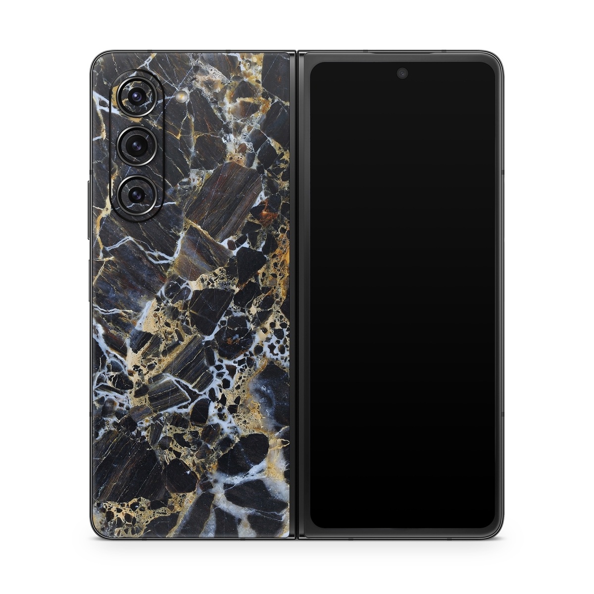 Samsung Galaxy Z Fold5 Skin design of Black, Yellow, Rock, Brown, Marble, Water, Close-up, Granite, Pattern, Geology, with black, white, orange, gray, yellow colors