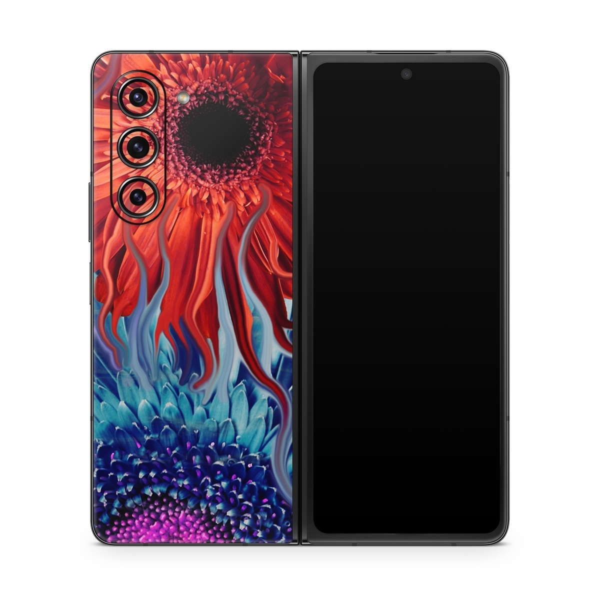 Samsung Galaxy Z Fold5 Skin design of Psychedelic art, Pattern, Organism, Colorfulness, Art, Flower, Petal, Design, Fractal art, Electric blue, with red, black, blue, purple, gray colors