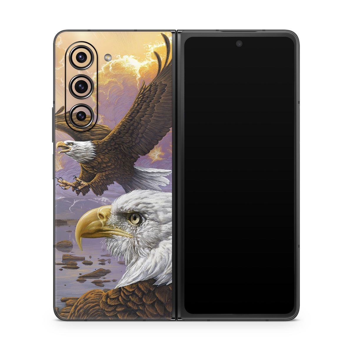 Samsung Galaxy Z Fold5 Skin design of Bird, Bird of prey, Bald eagle, Vertebrate, Eagle, Accipitriformes, Accipitridae, Golden eagle, Beak, Hawk, with gray, black, green, red, purple colors
