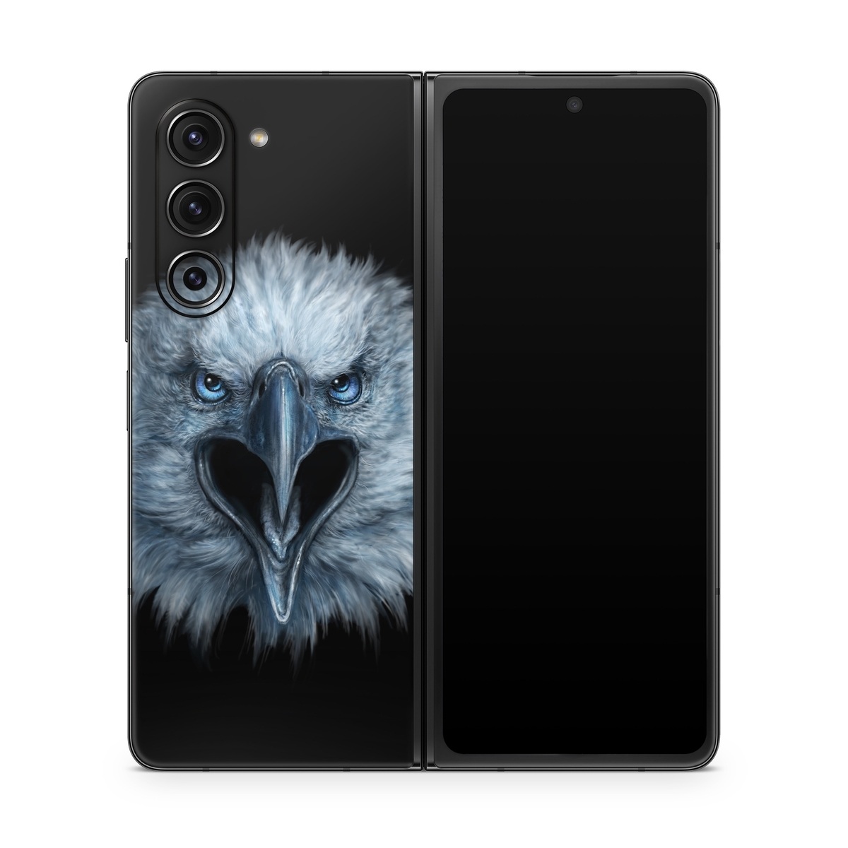 Samsung Galaxy Z Fold5 Skin design of Bird, Vertebrate, Bird of prey, Beak, Eagle, Wildlife, Organ, Close-up, Eye, Accipitriformes, with white, gray, black, blue colors