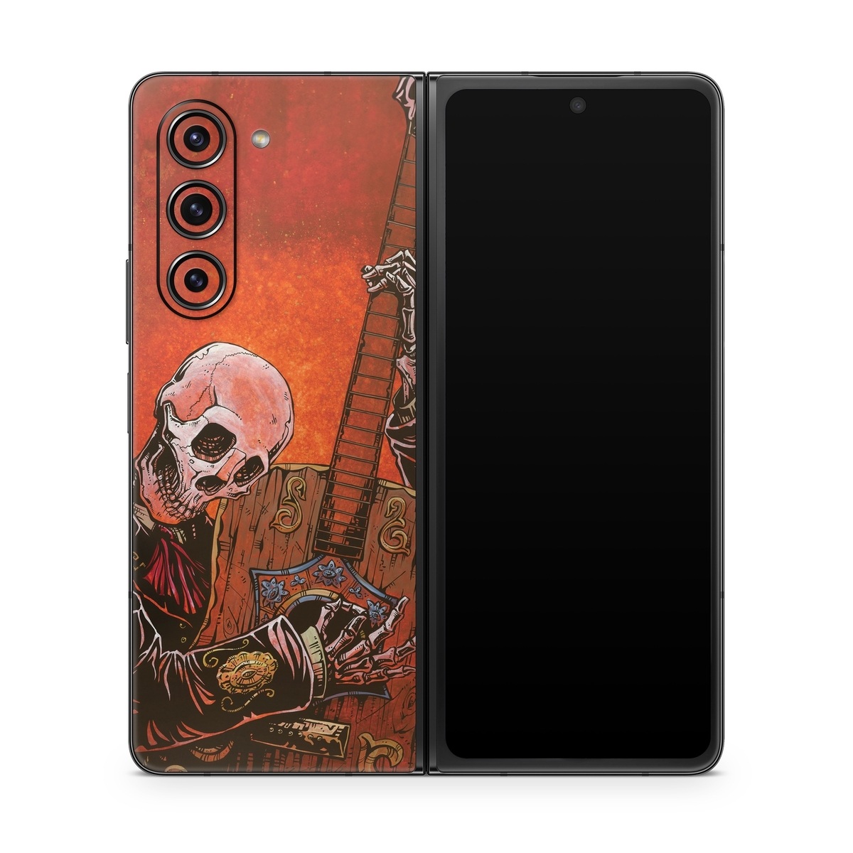Samsung Galaxy Z Fold5 Skin design of Sleeve, Art, Painting, Personal protective equipment, Artist, Music, Font, Visual arts, Drawing, Skull, with white, black, gray, brown, orange, yellow, red colors