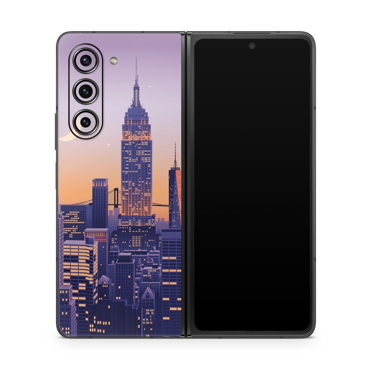 Samsung Galaxy Z Fold5 Skin design of Skyscraper, Building, Sky, Atmosphere, Moon, World, Nature, Tower, Afterglow, Dusk, with blue, purple, yellow, orange colors