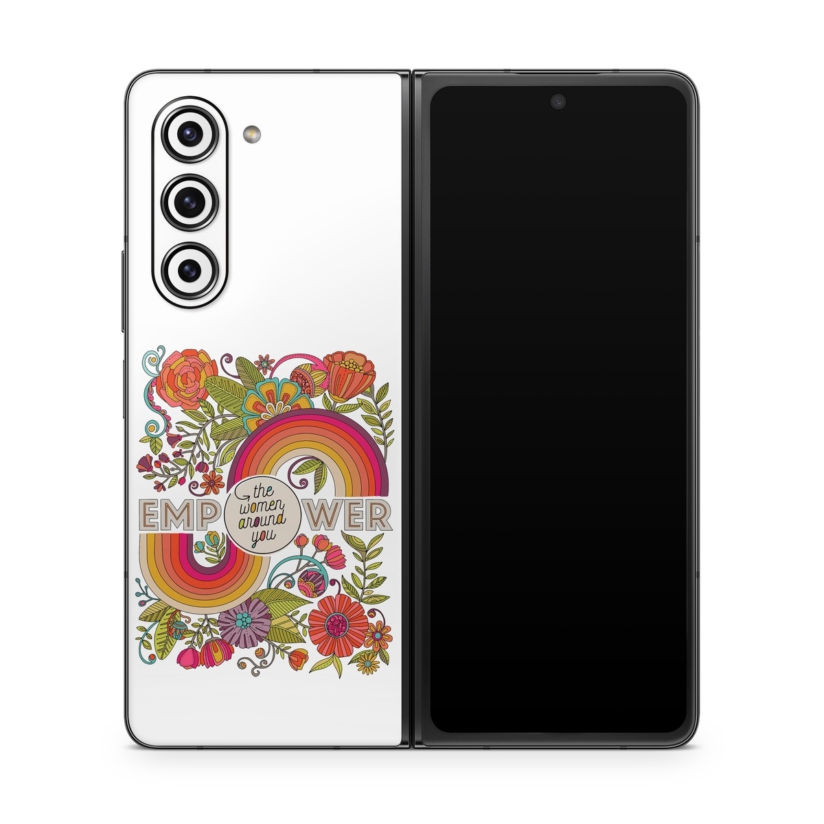 Samsung Galaxy Z Fold5 Skin design of Botany, Flower, Font, Creative arts, Petal, Circle, Pattern, Art, Visual arts, Floral design, with white, red, yellow, orange, green, blue colors