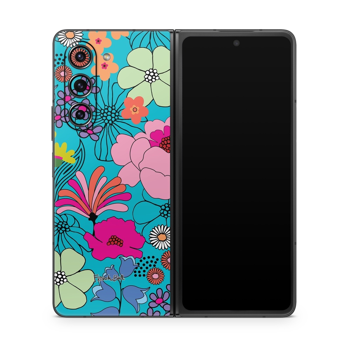 Samsung Galaxy Z Fold5 Skin design of Flower, Green, Azure, Nature, Botany, Petal, Blue, Textile, Pink, Art, with blue, pink, yellow, orange, red, purple, green colors