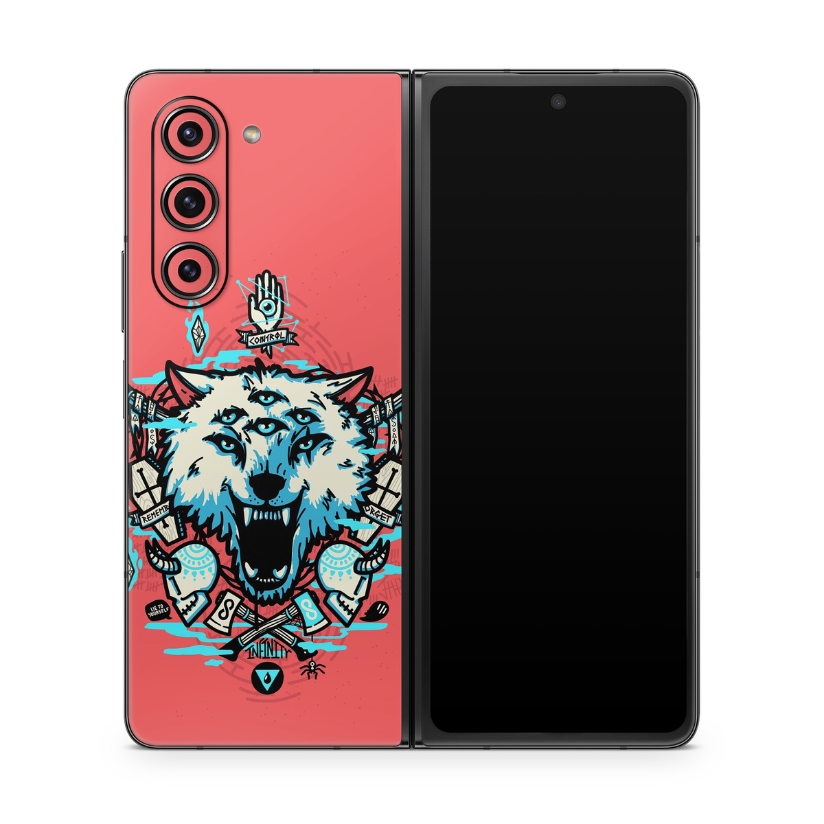 Samsung Galaxy Z Fold5 Skin design of Graphic design, Illustration, Crest, Logo, T-shirt, Symbol, Font, Graphics, Emblem, Pattern, with red, blue, black, gray colors
