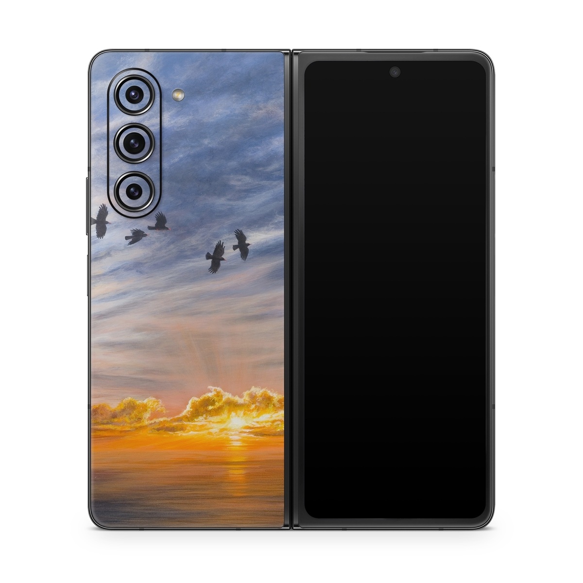 Samsung Galaxy Z Fold5 Skin design of Sky, Cloud, Nature, Blue, Daytime, Atmosphere, Sunset, Afterglow, Evening, Horizon, with black, blue, yellow, orange, white colors