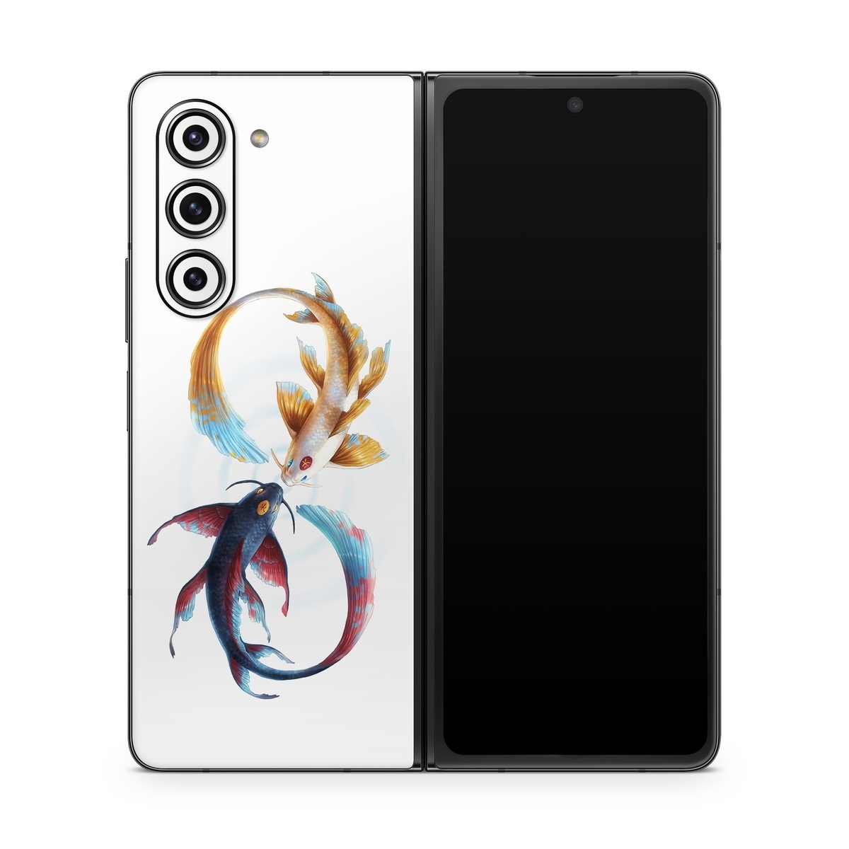 Samsung Galaxy Z Fold5 Skin design of Marine invertebrates, Art, Wing, Feather, Tree, Beak, Electric blue, Fish, Natural material, Painting, with white, black, yellow, orange, red, blue colors