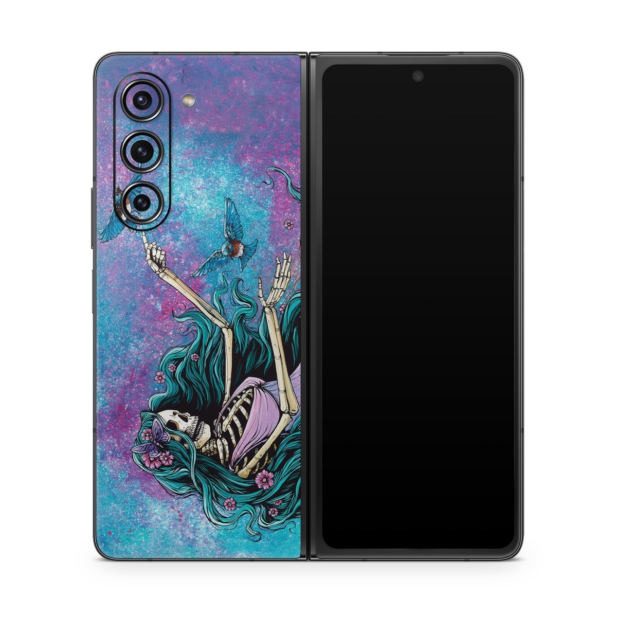 Samsung Galaxy Z Fold5 Skin design of Green, Purple, Painting, Paint, Art, Cg artwork, Mythical creature, Musical instrument, Graffiti, Artist, with blue, purple, white, gray, brown colors