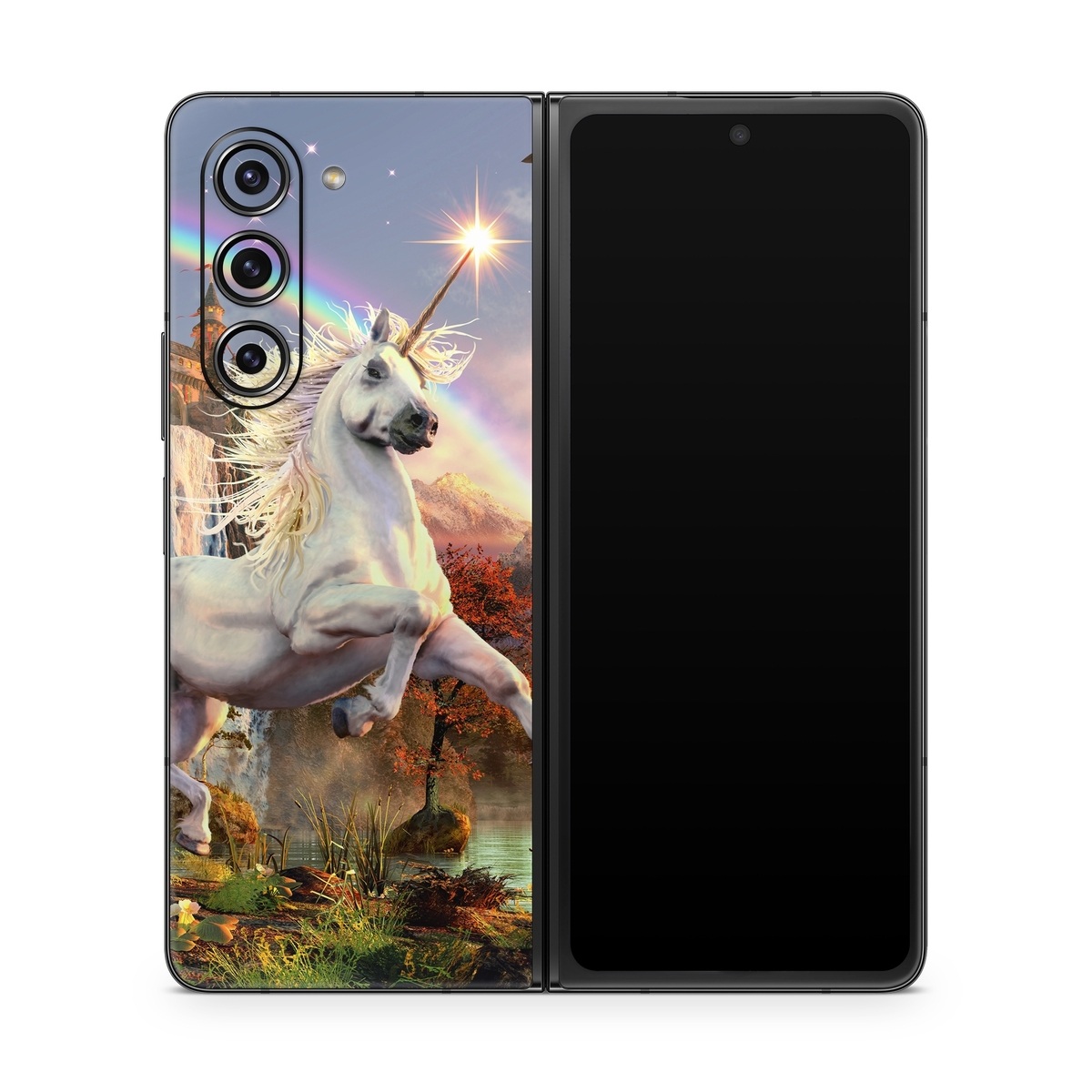 Samsung Galaxy Z Fold5 Skin design of Nature, Unicorn, Fictional character, Sky, Mythical creature, Mythology, Cg artwork, Horse, Mane, Wildlife, with black, gray, red, green, blue colors